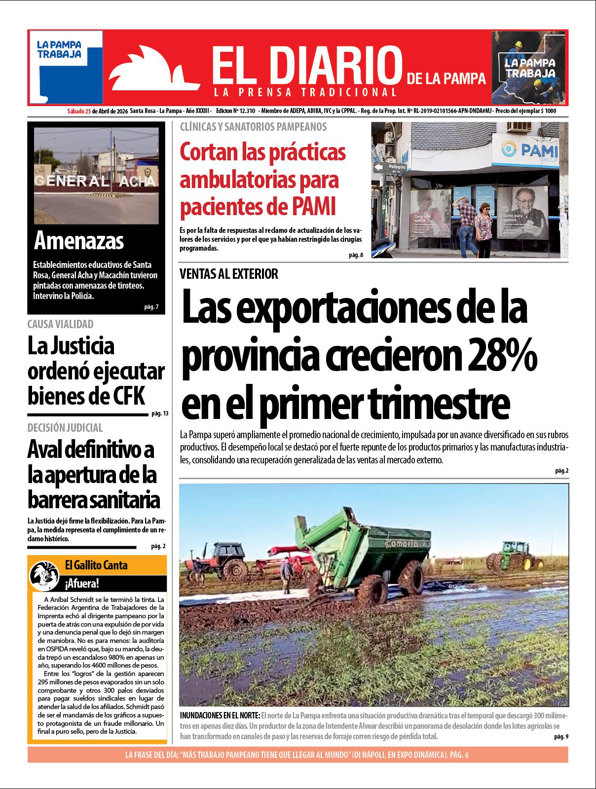 Tapa de El Diario en papel  saacutebado 25 de abril de 2026